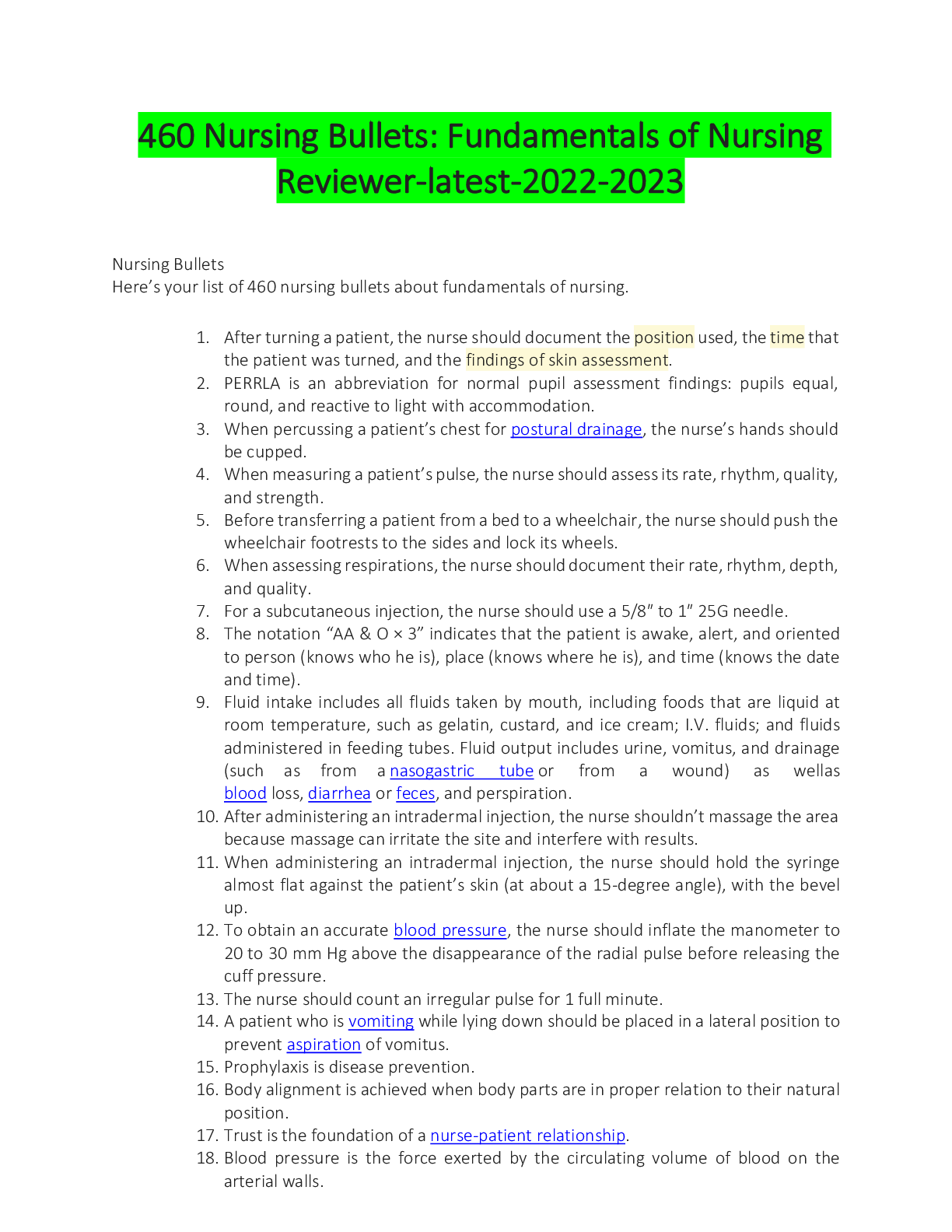 Preview image for 460 Nursing Bullets: Fundamentals of Nursing Reviewer-latest-2022-2023